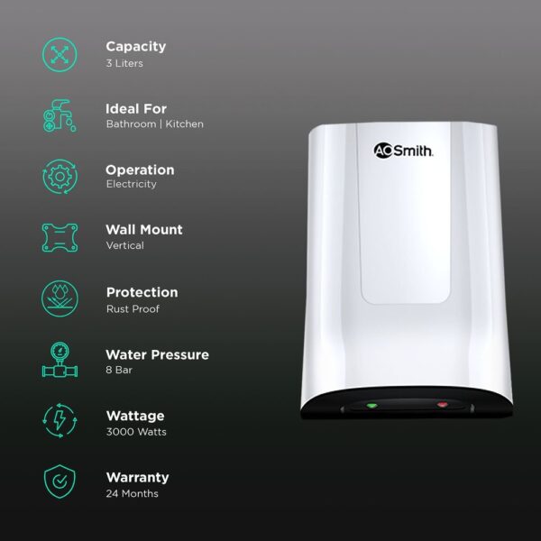 AO SMITH MINIBOT 3 LITRE 5 STAR VERTICAL INSTANT GEYSER WITH CUTTING EDGE TECHNOLOGY (WHITE) - Image 4